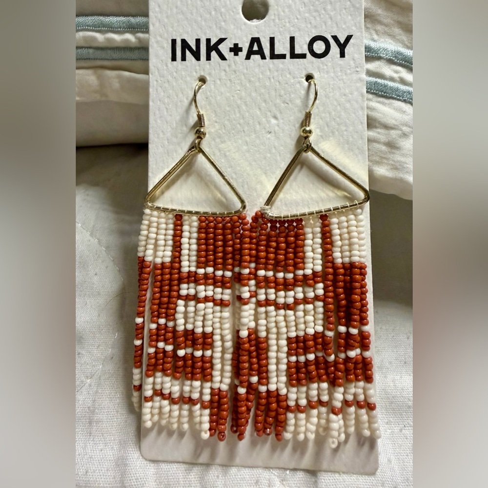 INK+ALLOY Handmade Beaded Earrings – Burnt Orange & Cream Fringe